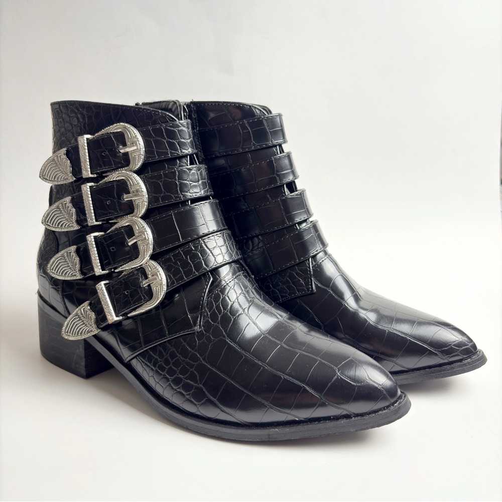Shein Buckle Boots Faux Snakeskin Black
